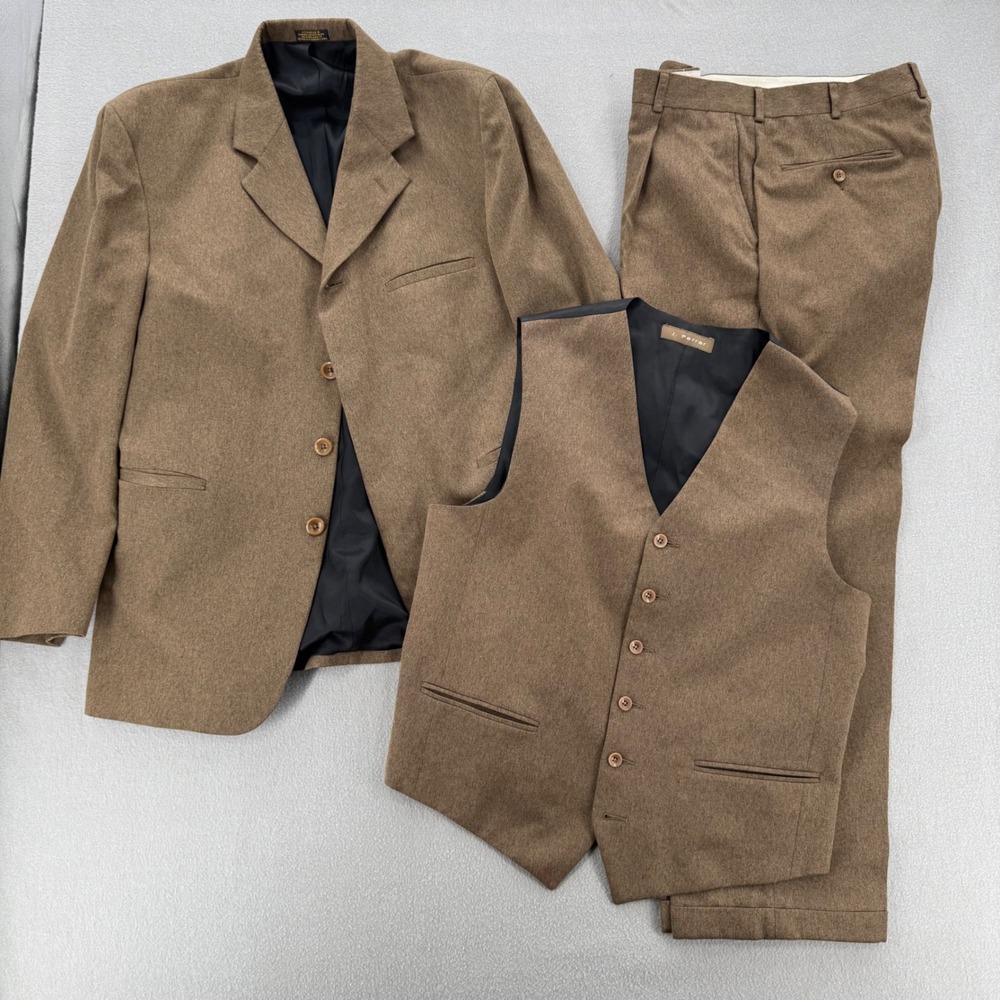 Vintage Y2K J. Ferrar 3-Piece Tan Brown Microfiber Jacket 43 Vest 41 Pants 32x29
